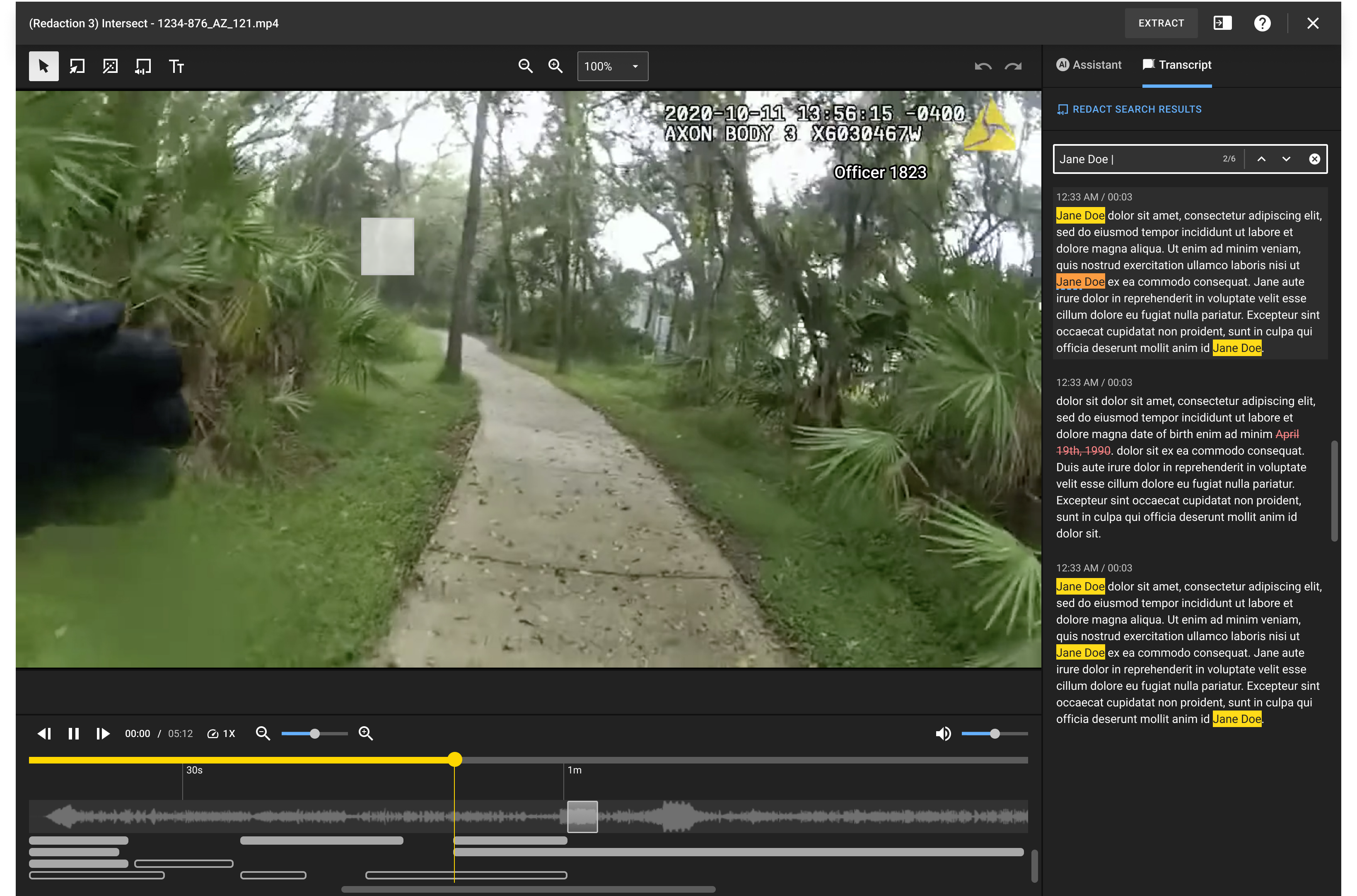 A demo of the new Axon Redaction Assistant Audio Redact via Transcript Feature showcases the ability to search for the word 'that' and redact it multiple times from an audio recording.